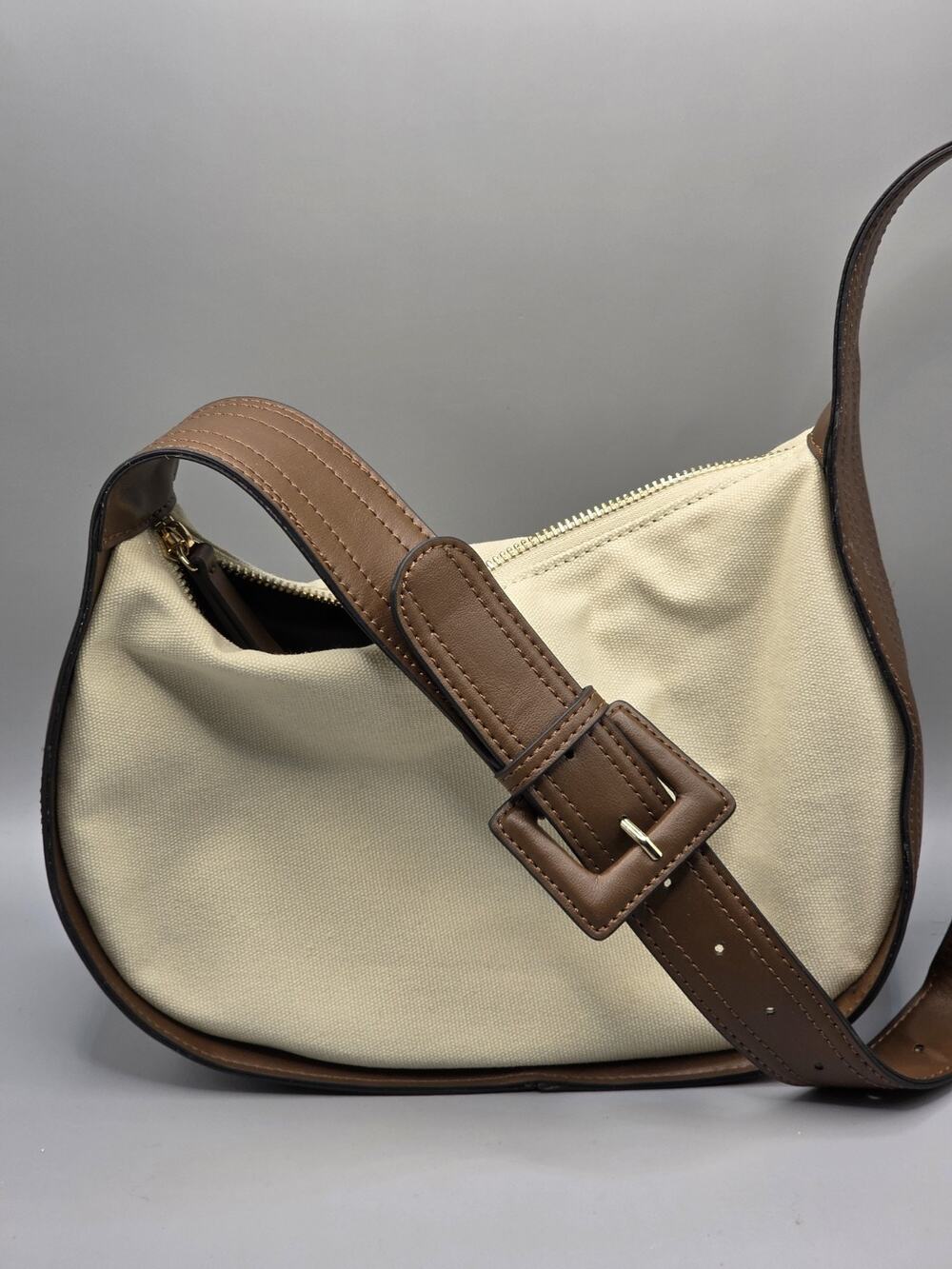 ASOS DESIGN Canvas Crescent Shoulder Bag Beige Cream Hobo Purse Brown Buckle...